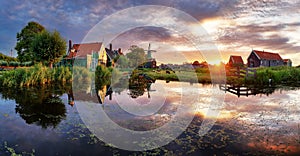 Netherlands windmills at sunset, landscape