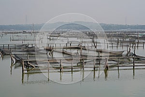 Nets built by fishermen in the Rowo Jombor reservoir