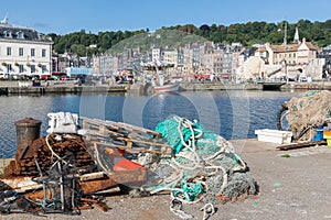 Nets and fishing equipment in harbor of Honfleur, France