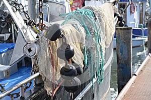 Nets, weights and ropes, equipment on a fishing boat, selected focus