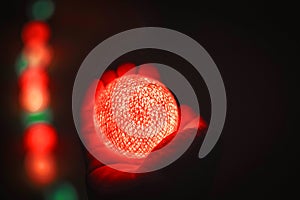 Netted spherical ball globe glowing on human hand.