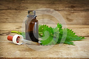 Ortiga tintura en pequeno una botella fresco hojas sobre el rural 