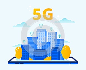 Network 5G coverage. City wireless internet, fifth generation networks and high speed urban 5G connection vector