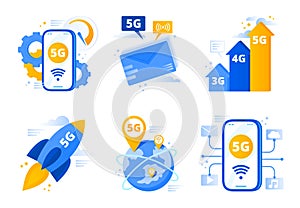 Network 5g. Fifth generation telecommunications, fast internet connection speed and low latency networks vector illustration set