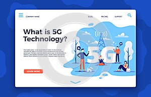 Network 5g landing page. Fast internet, wireless high speed connection and fifth generation networks vector illustration