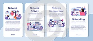Network activity mobile application banner set. Customer attention