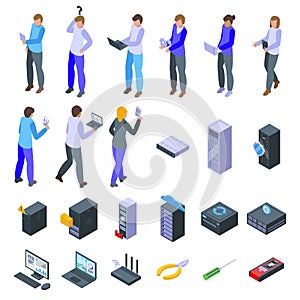 Network administrator icons set isometric vector. Work data