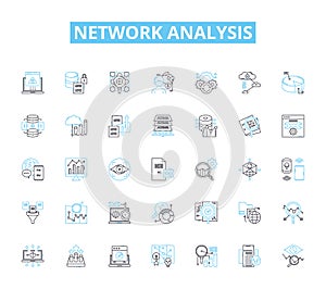 Network analysis linear icons set. Graph, Nodes, Edges, Centrality, Connectivity, Node degree, Hubs line vector and photo