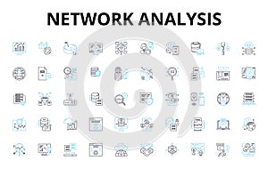 Network analysis linear icons set. Graph, Nodes, Edges, Centrality, Connectivity, Node degree, Hubs vector symbols and photo