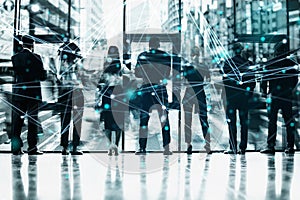 Network background concept with business people silhouette. Double exposure and network effects