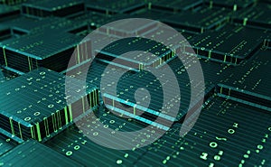 Network, blockchain, binary code. Blocks of information, encoding and protection. Big data analytics and storage