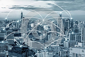 Network business conection system on cityscape background