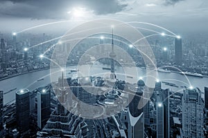 Network business conection system on cityscape background