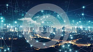 Network business conection system on cityscape background