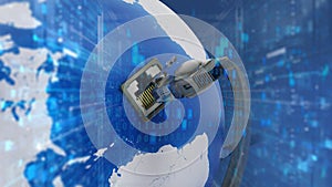 Network cable connected to the blue globe with a socket. 3D illustration
