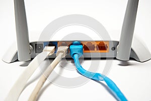 Network cable connects to wireless router, router, internet, global network.