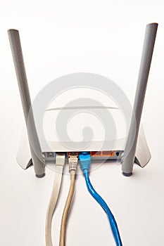 Network cable connects to wireless router, router, internet, global network.