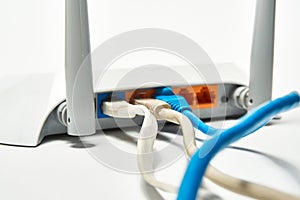 Network cable connects to wireless router, router, internet, global network.