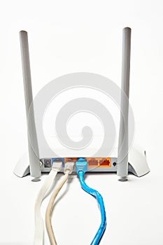 Network cable connects to wireless router, router, internet, global network.