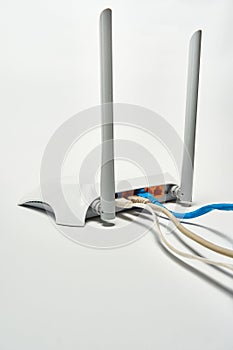 Network cable connects to wireless router, router, internet, global network.