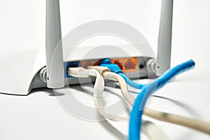 Network cable connects to wireless router, router, internet, global network.