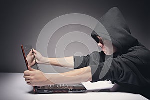 Network cable in hand (concept).