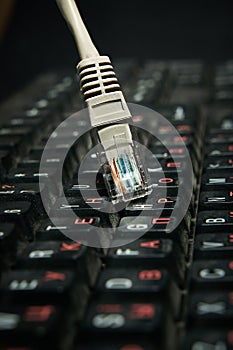 Network cable on keyboard, internet, worldwide network.