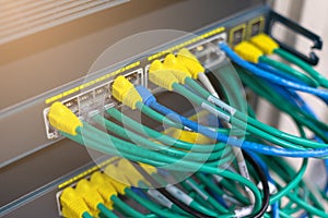 network cables connected in network switches hub