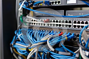 network cables connected in network switches hub