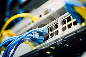 Network cables connected in a technology data center