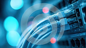 Network cables connected to a server in a data center.