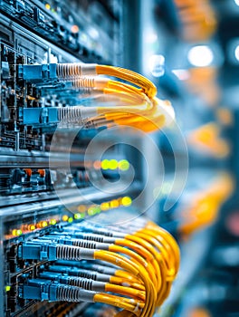 Network cables connected to a server rack in a data center