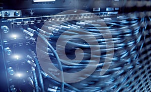 Network cables connected to switch. Server racks, server room.