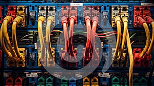 Network cables connected to switches, vibrant colors against a blue panel