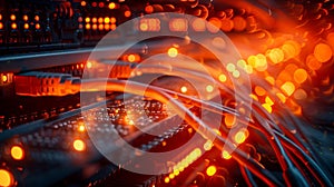 Network cables glowing in a server room filled with orange light