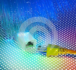 Network cables and hub closeup with fiber optical