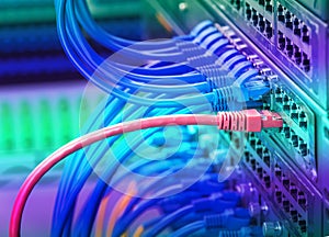 Network cables and hub closeup with fiber optical