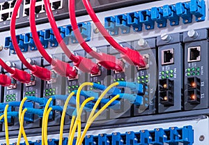 Network cables and hub closeup with fiber optical