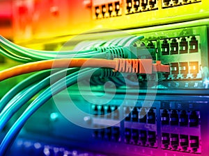 Network cables and hub closeup with fiber optical