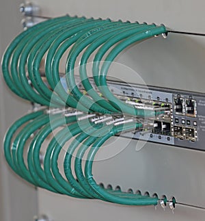 network cables in a patch panel for the connection of the computer