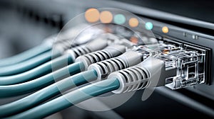 Network cables plugged into a server, emphasizing internet connectivity and data transfer.
