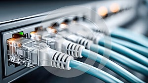 Network cables are plugged into a server, showing connectivity and data transfer.