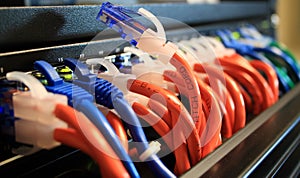 Network Cables in a Server Room with One Unplugged photo