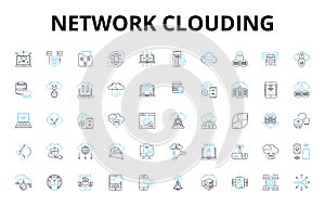 Network clouding linear icons set. Virtualization, Scalability, Elasticity, Automation, Provisioning, Orchestration