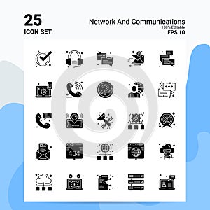 25 Network And Communications Icon Set. 100% Editable EPS 10 Files. Business Logo Concept Ideas Solid Glyph icon design