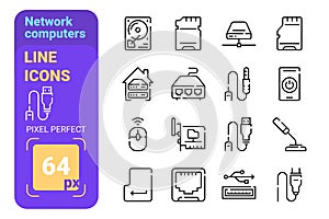 Network computers accessories line icons set