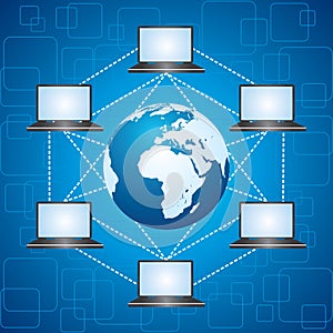 Network concept - different laptops around a globe