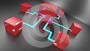 Network concept with metallic items connected on black background - 3D rendering illustration