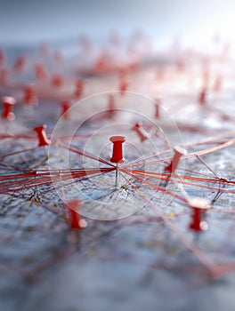 Network of connected red pins linked by strings over a detailed map symbolizing communication and strategic planning concepts in a