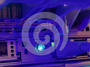 Network connection technology with network switch router, ethernet cables and status LED to show working status of data